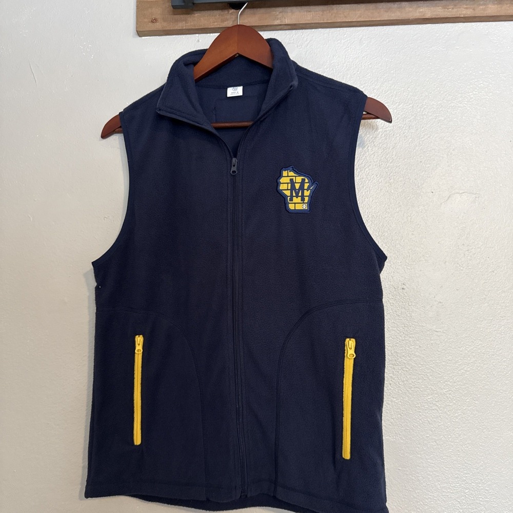 Milwaukee Brewers Vest Men's Medium Blue Full Zip Fleece‎ Hupy & Abraham Logo